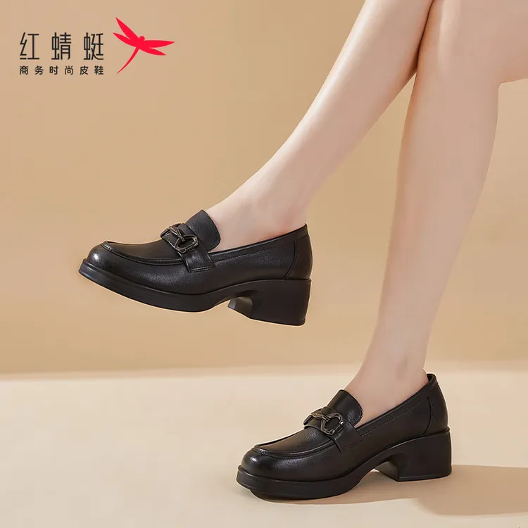 红蜻蜓厚底乐福鞋女真皮粗跟英伦风小皮鞋黑色商务圆头百搭时尚