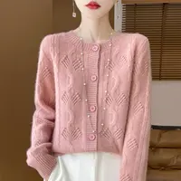 加厚100%纯羊毛开衫女圆领宽松百搭针织毛衣新款纯色镂空长袖外套