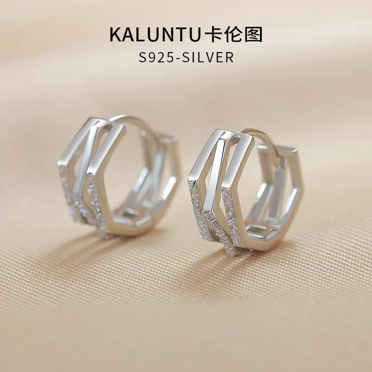 925银合成锆石耳饰 通体纯银耳环女宽版三环耳扣镶钻耳圈高档耳钉
