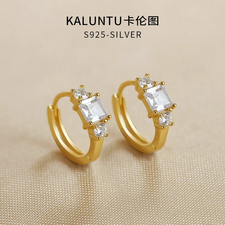 925银合成锆石耳饰 纯银耳环女金色耳扣高级感气质银耳圈精致耳钉