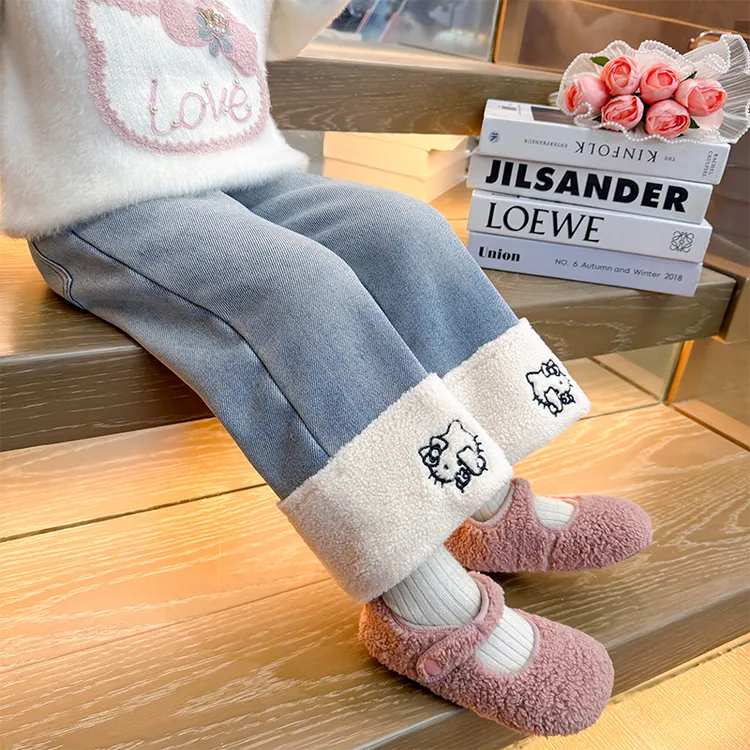 女童加绒牛仔裤宝宝加厚阔腿裤儿童冬季一体绒卡通洋气保暖休闲裤