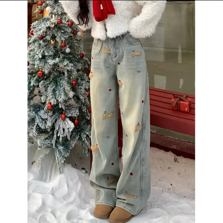 腊肠狗狗刺绣高腰加绒直筒牛仔裤女2024冬季高腰显瘦设计感阔腿裤