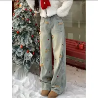 腊肠狗狗刺绣高腰加绒直筒牛仔裤女2024冬季高腰显瘦设计感阔腿裤