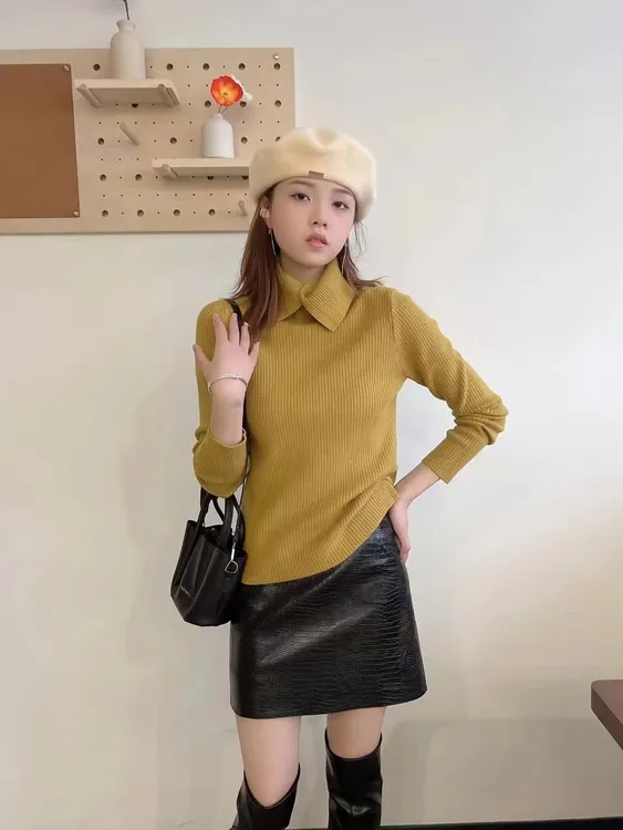 高端针织加厚毛衣网红时尚秋冬半开领加厚打底衫3045百搭翻领