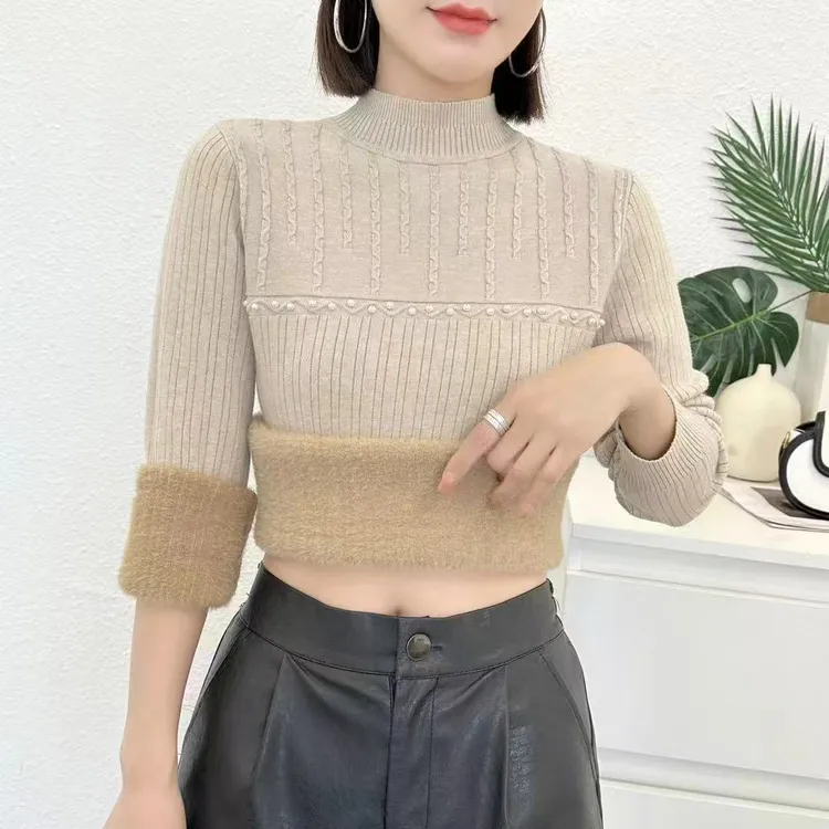 冬季羊绒一体百搭修身潮牌时尚加绒加厚中领带珠半高领