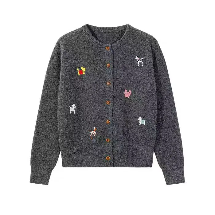 日系灰色小狗刺绣毛衣外套女秋冬季软糯慵懒风小个子针织开衫上衣