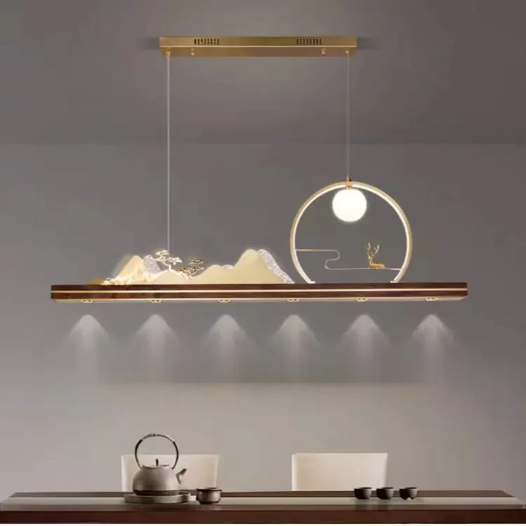 新中式全铜胡桃木吊灯中国风禅意吧台书房餐厅茶室一字复古山水灯