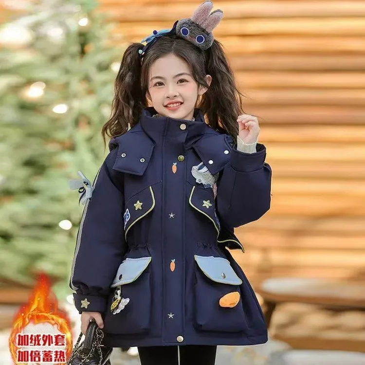 女童棉服加厚外套儿童秋冬2024新款儿童冬款加绒兔子加厚派克服
