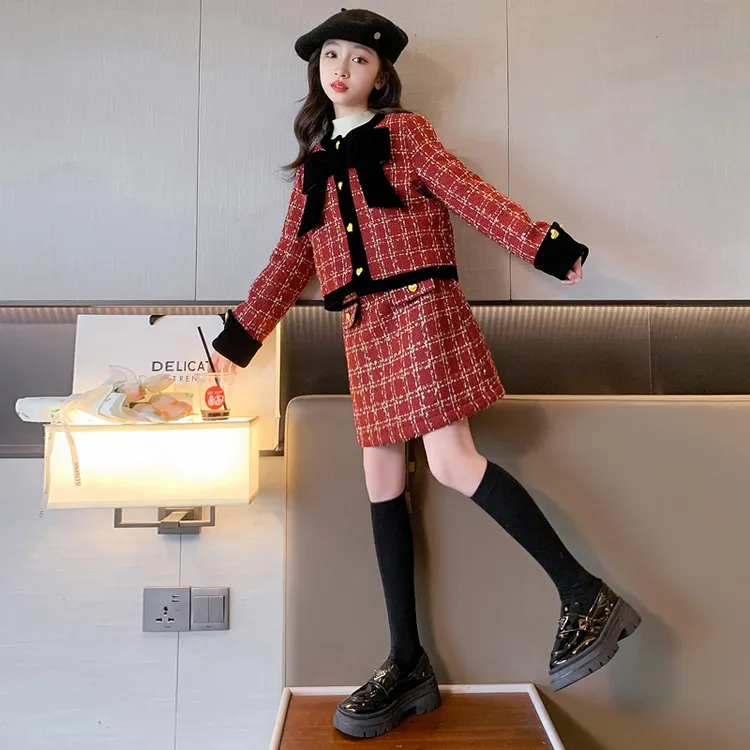 女童秋冬连衣裙儿童加厚小香风裙子套装冬装红色过年衣服2023新款