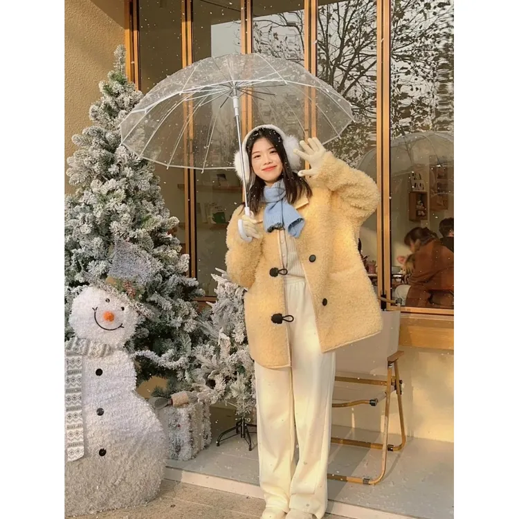 羊羔毛外套女2025秋冬季新款环保皮草设计感黄色毛绒上衣