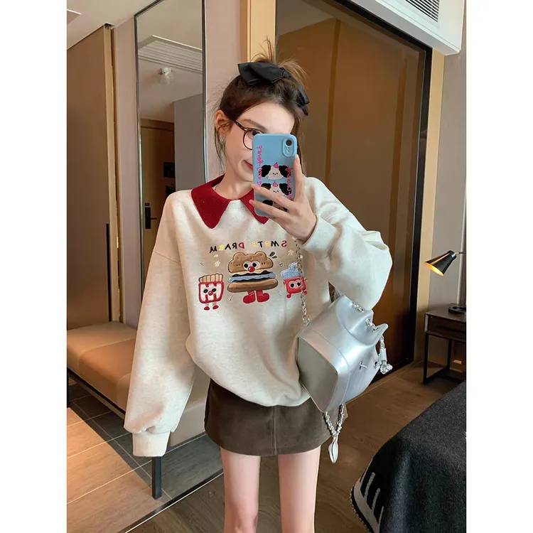 撞色娃娃领卡通卫衣女2025新款早秋oversize童趣风安可雷内搭上衣