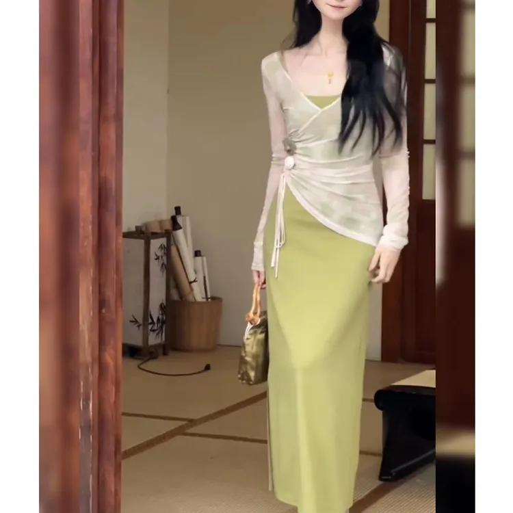 国风新中式网纱套装裙春季法式针织上衣吊带连衣裙设计感两件套女