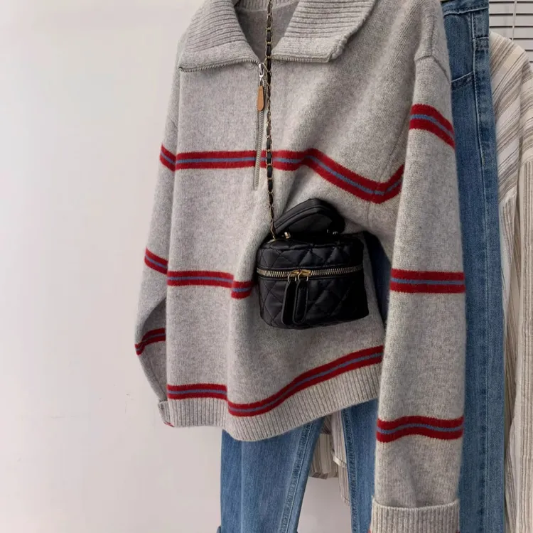 polo领半拉链条纹毛衣女装秋冬2025新款慵懒风针织衫套头针织卫衣