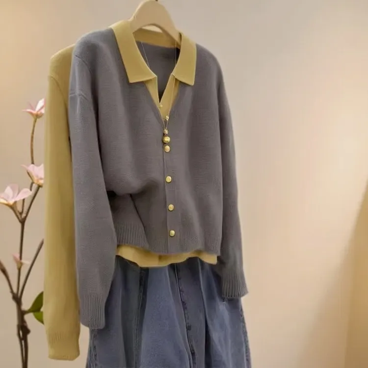 轻熟风时尚减龄针织开衫通勤简约假两件短款外穿显瘦长袖上衣女装