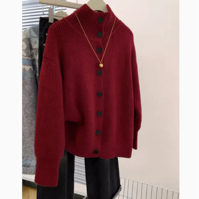 红色圣诞高领毛衣外套女秋冬2025新款冬季立领羊绒针织开衫上衣厚