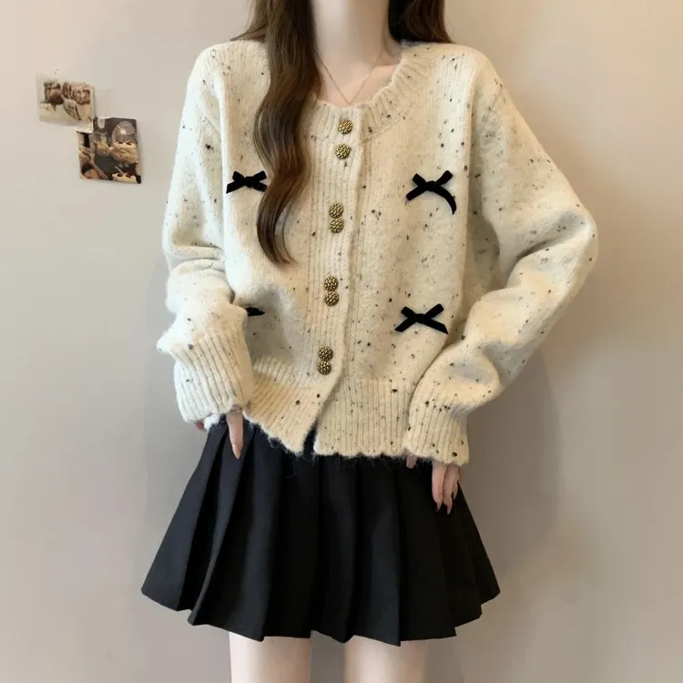 韩系chic彩点针织开衫女2025秋冬新款大码胖mm短款蝴蝶结毛衣外套