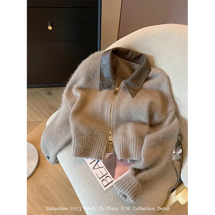 【XUANISHI】时尚设计感拼皮双拉链针织开衫软糯宽松显瘦毛衣外套女