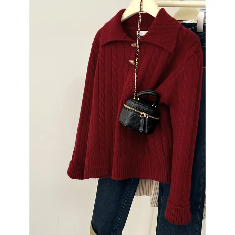 法式POLO领麻花牛角扣软糯上衣针织衫女秋冬高级感显瘦气质毛衣厚