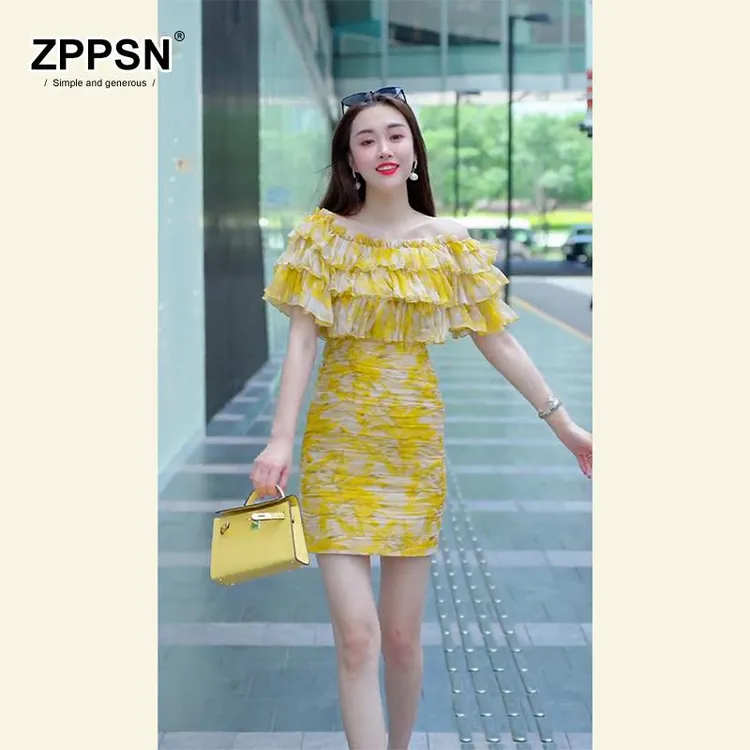 ZPPSN法式气质名媛高端风情万种度假风黄色超仙碎花一字肩包臀连