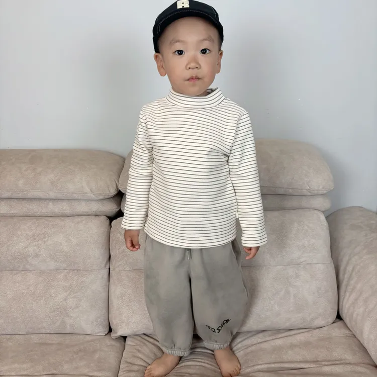 长袖加绒打底衫儿童秋冬保暖家居服男童女童条纹半高领时尚百搭