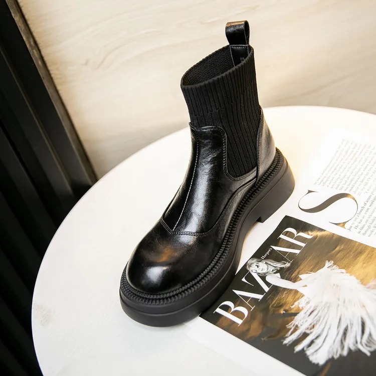 袜靴时尚黑色厚底秋冬弹力圆头百搭休闲英伦风复古冬季秋季瘦瘦靴