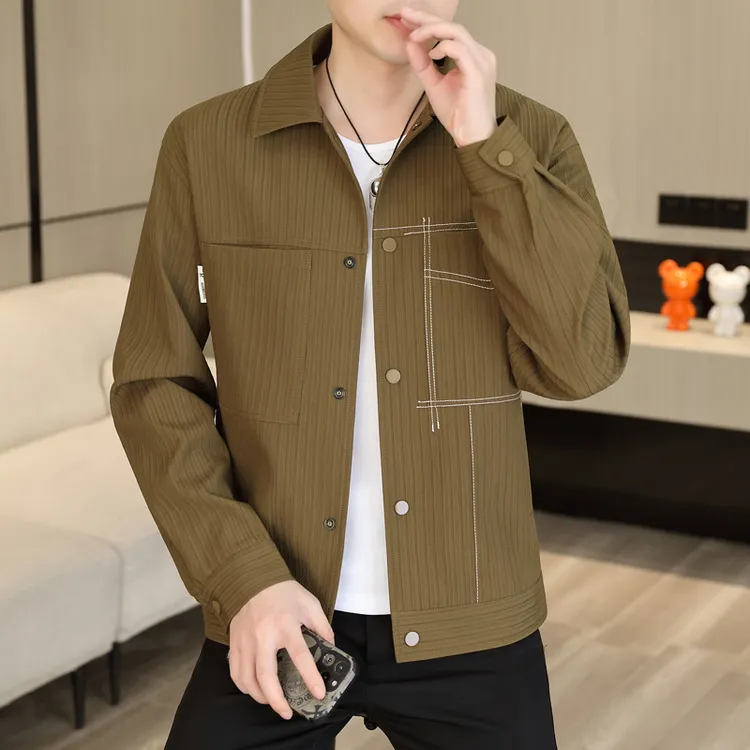 青年新款翻领休闲条纹夹克男上衣春秋季韩版潮流帅气个性茄克外套