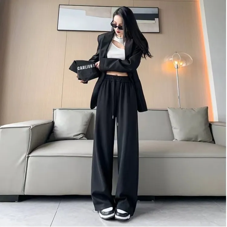 2023年春秋纯色垂感休闲显瘦抽绳直筒运动百搭长裤高腰美拉德