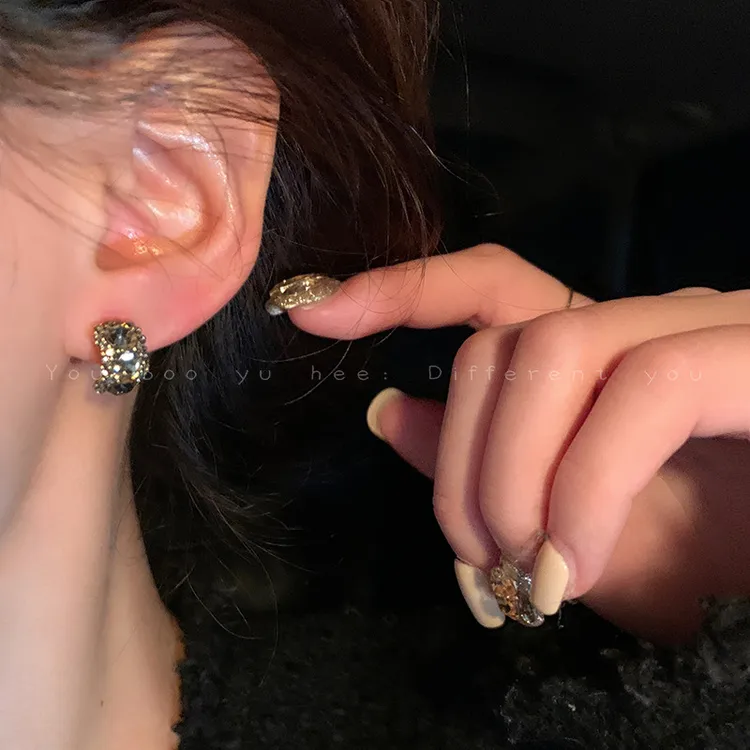 铜合金耳饰 设计感灰色锆石耳钉女轻奢精致高级感耳环气质C型耳饰