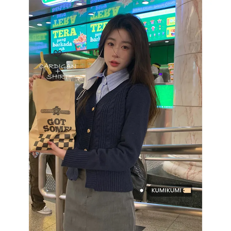 美式学院风V领针织衫外套上衣女2024春季小个子修身显瘦毛衣气质