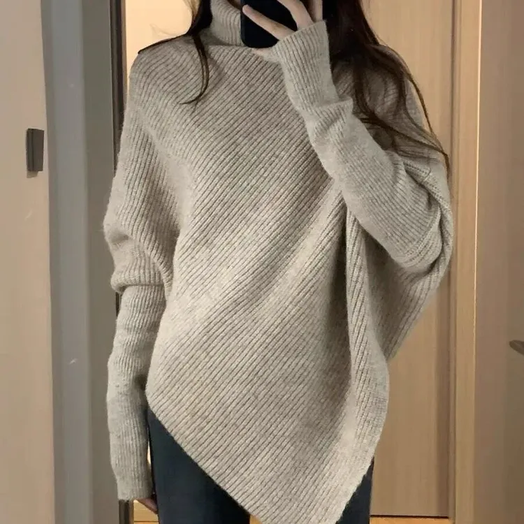 不规则高领毛衣女2022秋冬季新款爆款套头韩系慵懒风加厚针织上衣