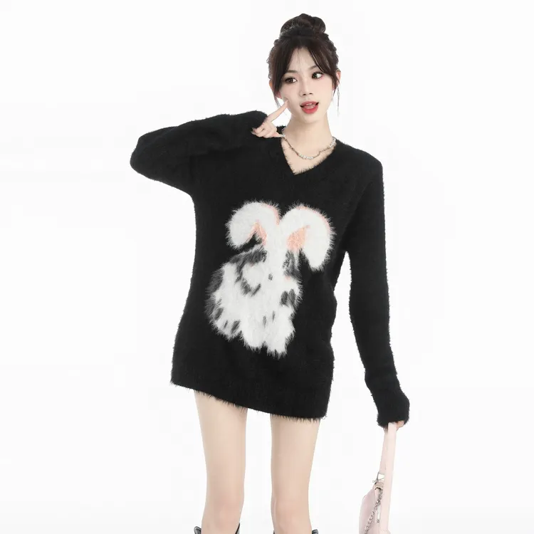 早秋装黑色美式复古v领兔子毛衣女秋冬季时尚宽松针织衫毛绒上衣