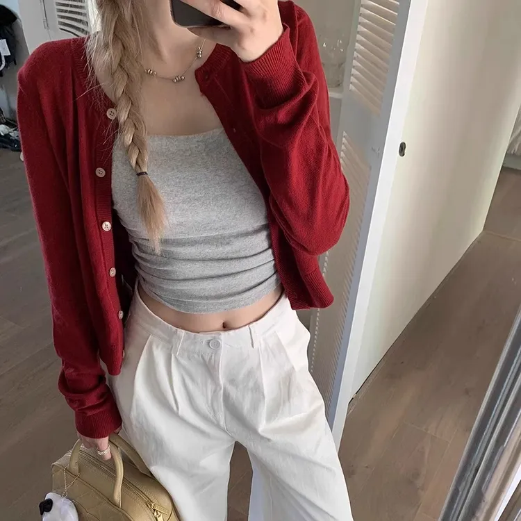 法式红色短款针织开衫女春季软糯长袖毛衣外套宽松内搭打底衫上衣