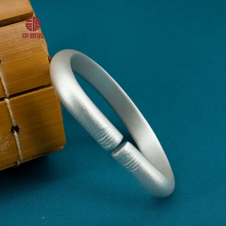 足银手镯 复古可调节镯子【终身回收】999.9实心古法马蹄手镯磨砂