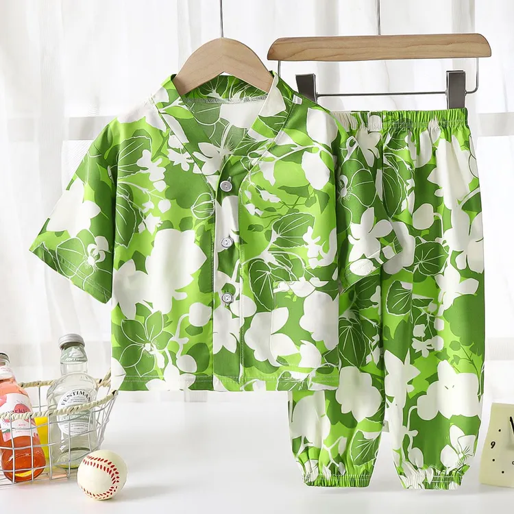 儿童开衫潮流睡衣男童女孩夏季中袖绵绸套装薄款空调家居服爆款