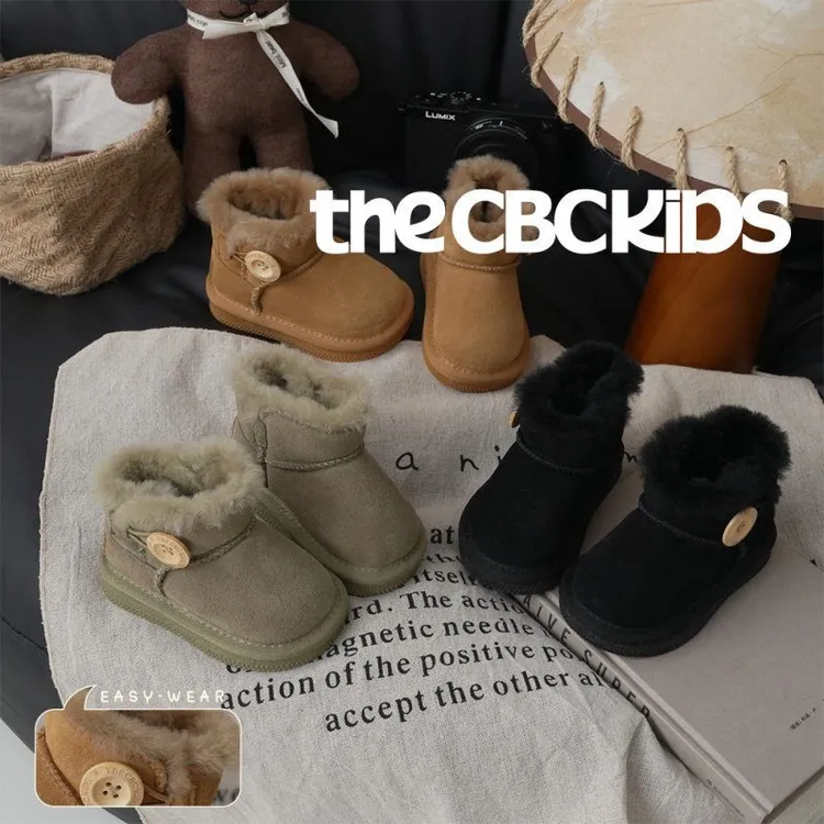 XUIU『澳系纽扣』复古儿童雪地靴男女冬加厚机能一脚蹬保暖加厚棉鞋