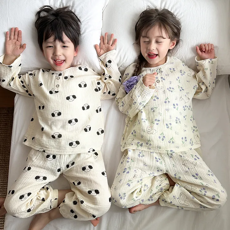 儿童睡衣纯棉纱布套装春夏薄款透气男童女童家居服100棉纱空调服
