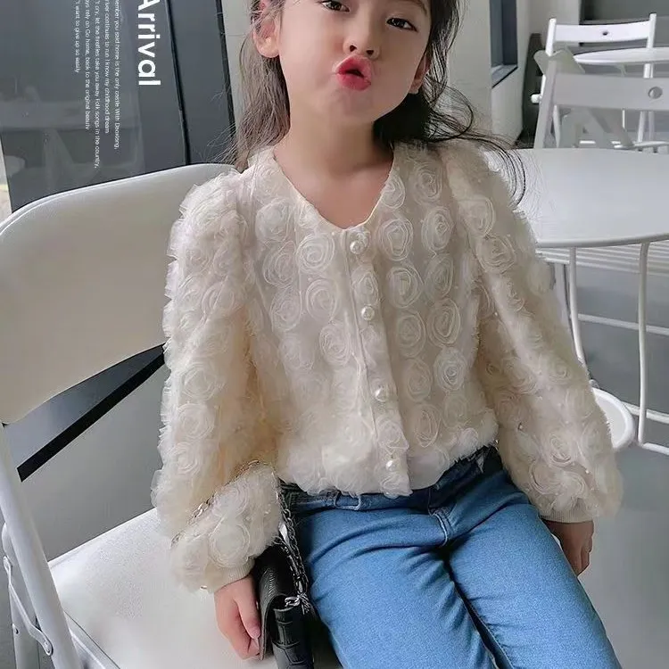 春季女童春装洋气网纱立体花朵开衫外套2023洋气中大童上衣潮体恤