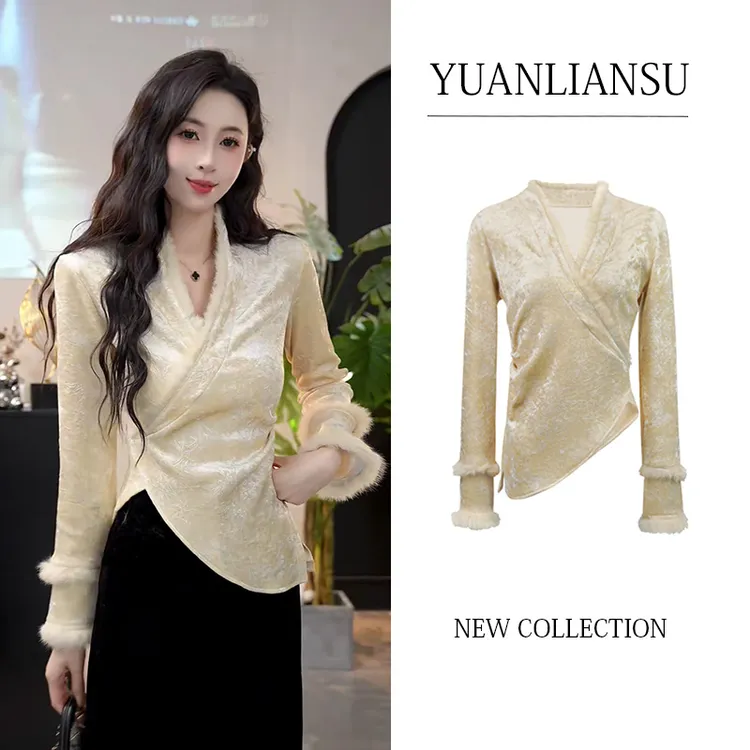 YUANLIANSU/圆脸酥【甜橙微醺】新中式浮雕丝绒加绒显瘦毛毛衬衫女