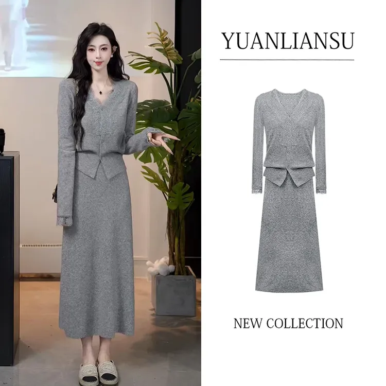 【迷雾梦境】温柔风蕾丝拼接针织衫+半身裙两件套