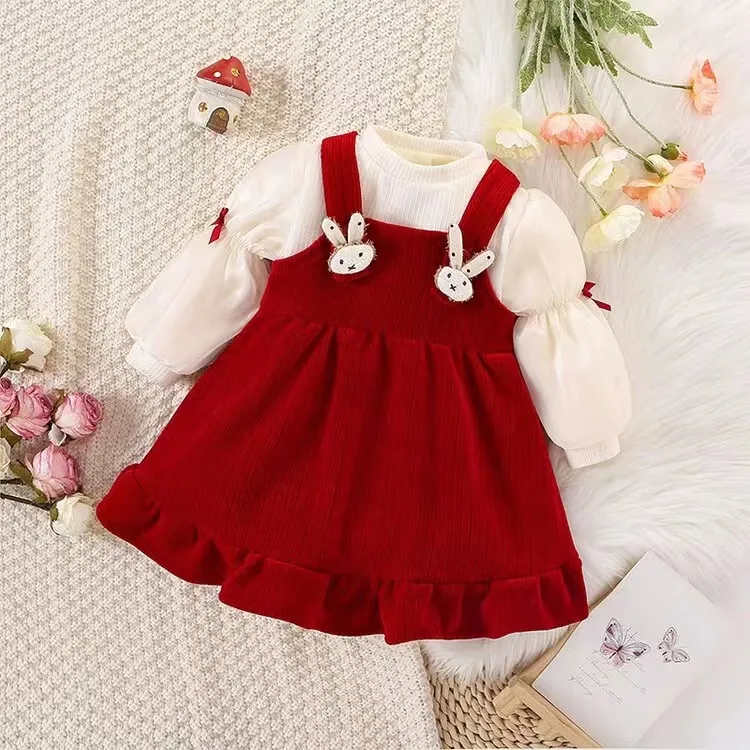 儿童一周岁宴女宝宝生日抓周礼服女童公主裙红色高端花童冬季长袖