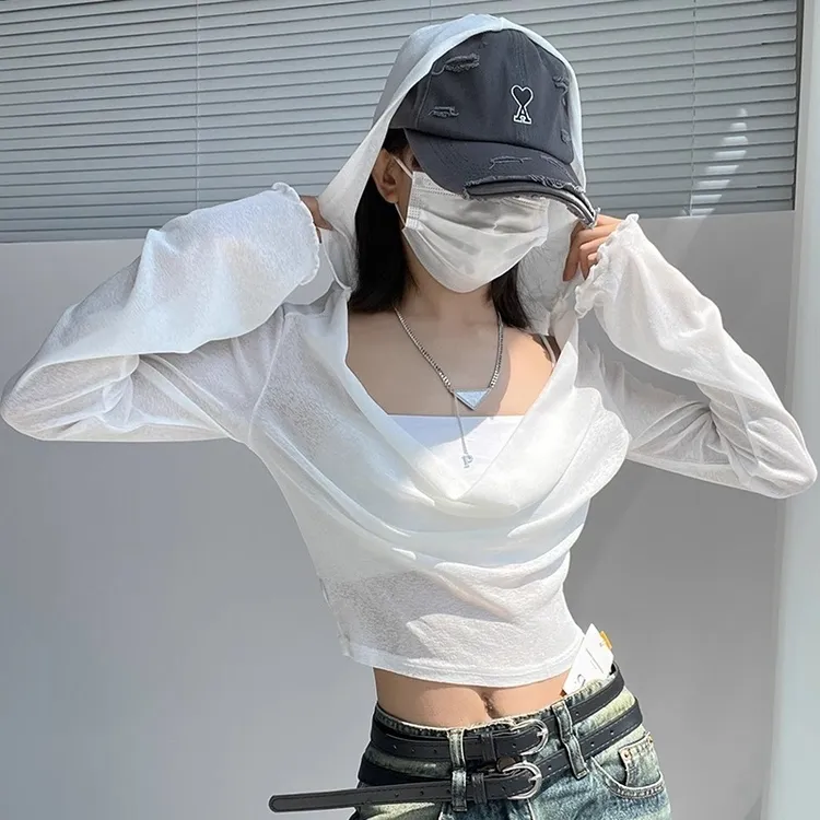 辣妹风连帽长袖防晒衫女夏季微透薄款罩衫设计感别致褶皱荡领上衣