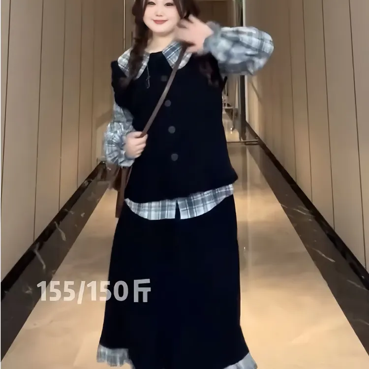 大码套装文艺复古开衫马甲学生娃娃格纹衬衫秋季高腰半身裙三件套