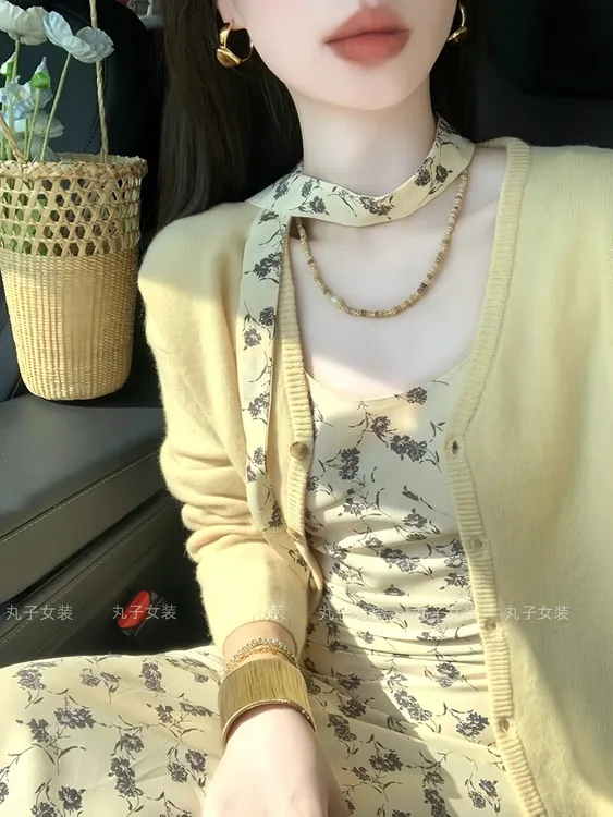 套装秋季女款爆款2025新款法式浪漫复古碎花吊带连衣裙子外搭开衫