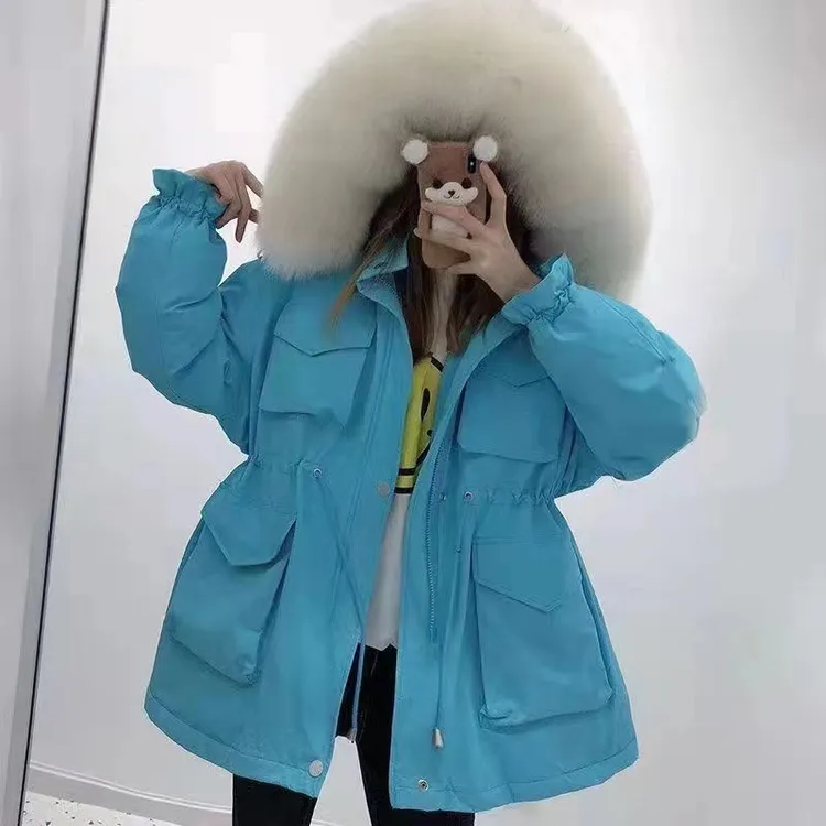 冬季保暖加绒女士加厚百搭收腰连帽休闲中长款大毛领短款抽绳韩版