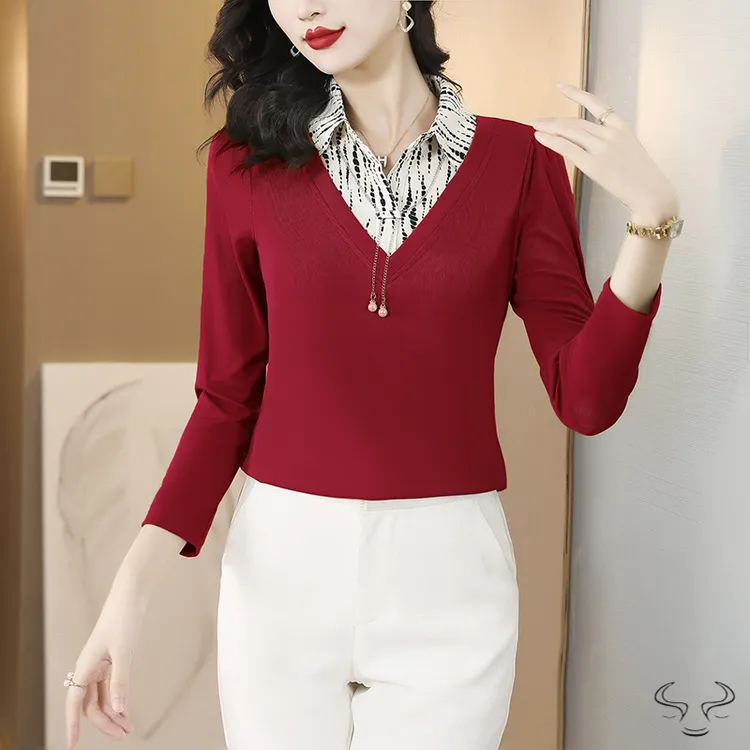 23秋季新款衬衫领长袖拼接假大码女气质时尚款百搭小衫