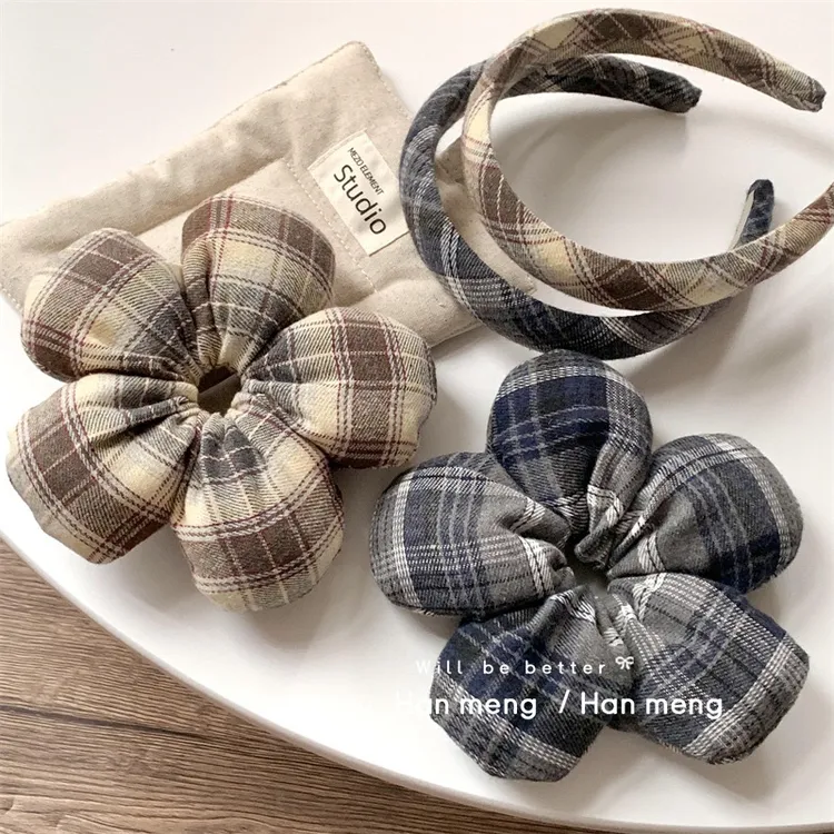 秋季新款复古学院风格纹系列发饰充棉花朵发圈高颅顶压发头箍发饰