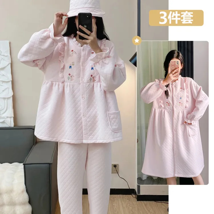 『雨后彩虹』秋冬季刺绣空气棉月子服孕产妇睡衣哺乳衣待产裙夹棉