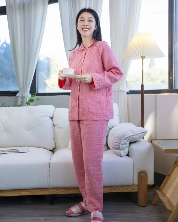 无印日式良品纯棉四层纱布睡衣男女款宽松加厚家居服春秋季可外穿