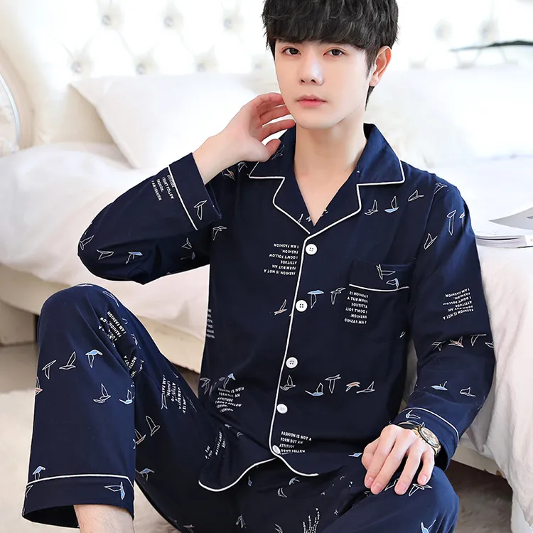新款春秋季男士睡衣纯棉长袖青中年套装韩版简约休闲家居服