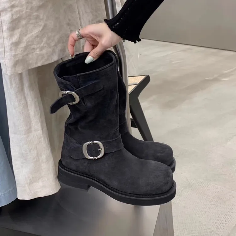 牛皮版~英伦风软皮厚底西部牛仔靴女宽筒马丁靴骑士中筒靴小短靴